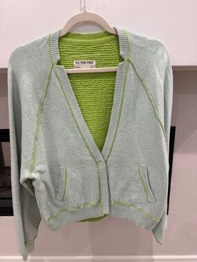 We The Free Mint Green Cardigan with Lime Contrast Trim SZ XS